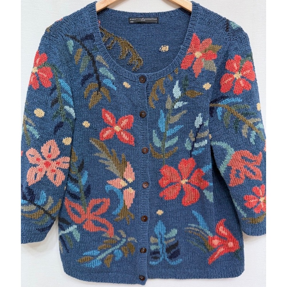 Peruvian Connection Floral Intarsia Pima Cotton Cardigan Large Blue Artisanal